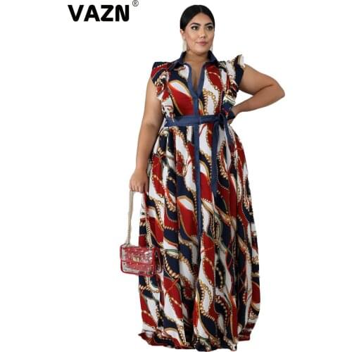 VAZN 2020 New High-end Chiffon Plus Size Retro Holiday Mature Sexy Style Short Sleeve High Waist Women Fit And Flare Maxi Dress