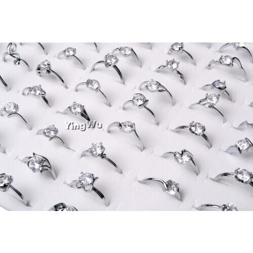 Yingwu Wholesale 10pcs/lot Silver Plated Rings Round Zirconia Crystal Finger Rings for Women Wedding Original Silver Jewelry