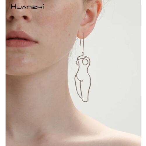 HUANZHI 2019 New Popular Hollow Line Outline Abstract Human Body Pendant Drop Metal Earring for Women Girl Party Simple Jewelry