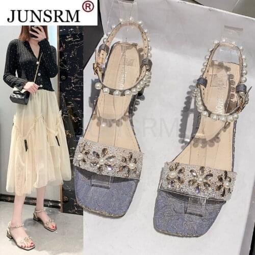 Rimocy Crystal Pearl Women Sandals Summer Fashion Square Toes Party Sandalias Mujer 2021 Outdoor Light Breathable Shoes Woman