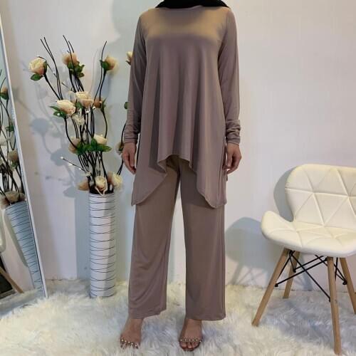 High Quality smooth fabric Muslim suits female Solid Color Two-pieces Tops + elastic waist Pants Singapore Turkey Clothing F1883