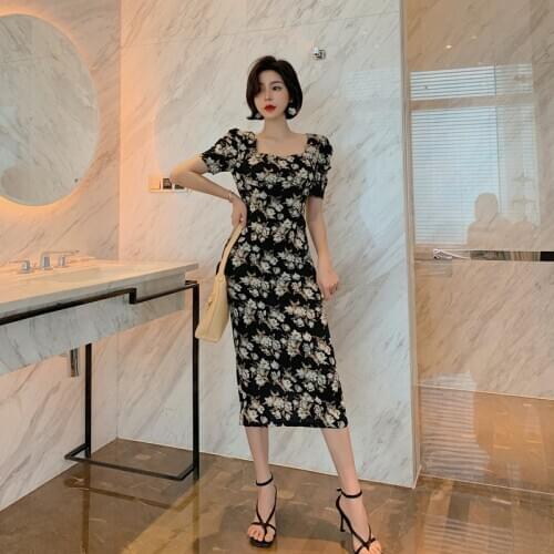 New arrival fashion party pencil dress women elegant summer vintage puff sleeve print black temperament slim midi beach dress
