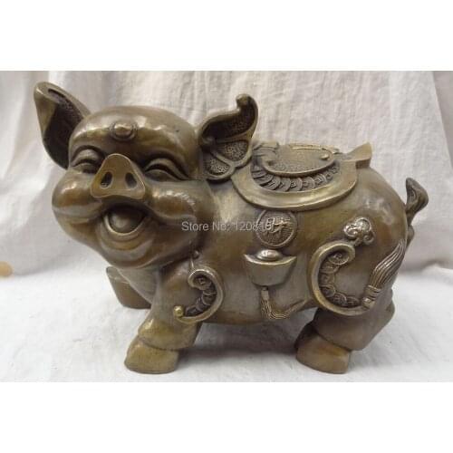 14" China Zodiac Copper Bronze Wealth Coin YuanBao Cai Fu Happy Pig Statue