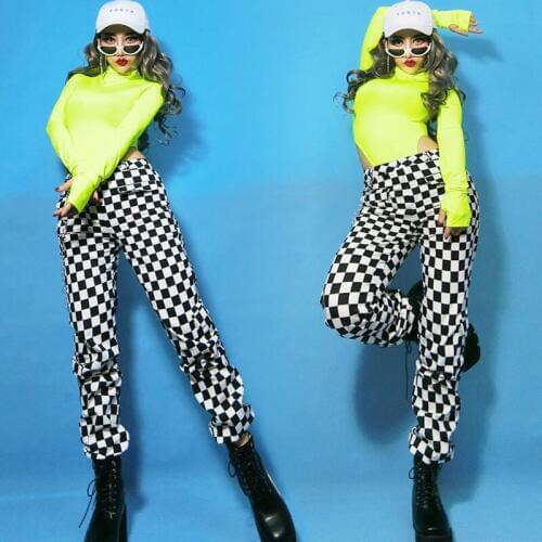 2020 Hip Hop Costumes Fluorescent Green Bodysuit Plaid Pants Street Dance Clothes Modern Stage Outfits Jazz Dance Costumes SL240