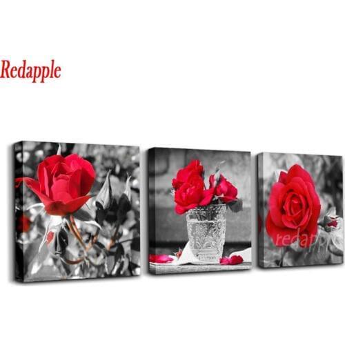 Full round diamond embroidery black white red rose diamond painting 5D square 3d picture rhinestones 3pcs set wedding decoration