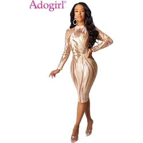 Adogirl Sheer Mesh Floral Sequins Midi Dress Turtleneck Long Sleeve Bodycon Knee Length Night Club Party Dresses Women Vestidos