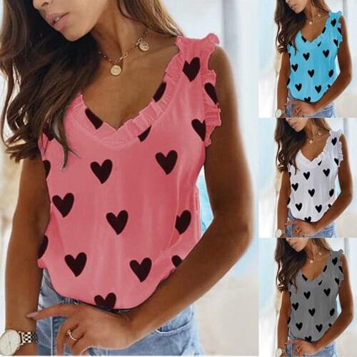 Blouses Womens Blouse Heart Print Kawaii Shirts For Women V-Neck Ruffles Sleeveless Tops Womens Clothing 2021 Y2K Blusas Femme