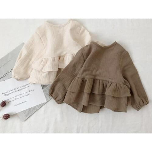 9144 Childrens Korean Autumn New T-shirt Girls' Linen Blouses Ins Lotus Leaf Lace Band Sleeve Mouth Long Sleeve Cotton Tops