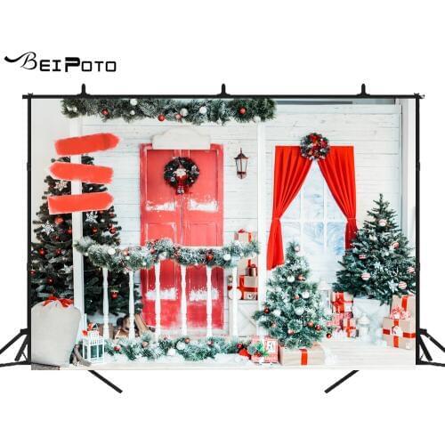 BEIPOTO Christmas photography backdrops photo background outdoor snow Christmas tree red door party decoration photo booth pic