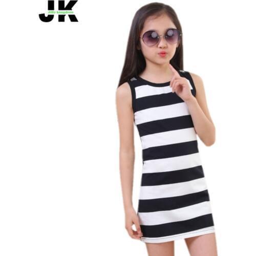 Jilly Children Girls' Clothing Black And White Stripes Summer Girl Dress 100% Cotton 3-14 Kids Vest Dresses for Teenage Girls