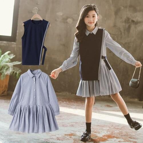 Girls' clothing set 2020 spring girls vest + vertical pleated long-sleeved dress 2-piece childrens clothing fashion clothing