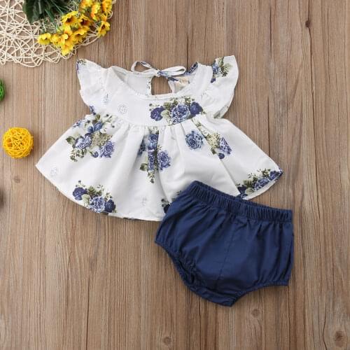 Hot Infant Baby Girls Clothes Set Short Sleeve Flowers Tops+Blue Shorts Toddler Outfits Summer Baby Kids Clothes Set