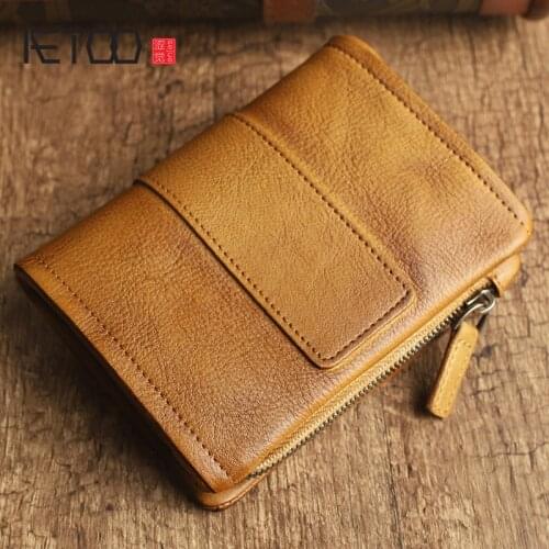 AETOO Handmade leather short wallet, retro first layer leather vertical wallet, zipper buckle coin youth wallet