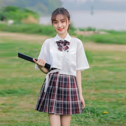 Summer Sweet Cute Girly Jk Uniform High Waist Lattice Pleated Skirts College Style Skirt Suit Women Crops Tops 2-Piece Set 2021
