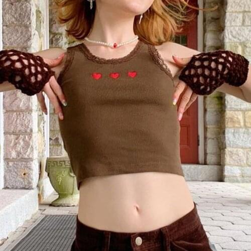 Heart Embroidery Slim Tank Top Women Summer Sweet Cute Lace Trim Sleeveless Short Tops Femme Casual Streetwear Chic Tee Shirt