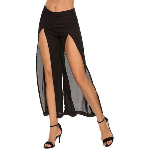 Fashion Casual High Waist Loose Summer Pants Plus Size Sexy Split Women Pants Chiffon Wide Leg Trousers 2021