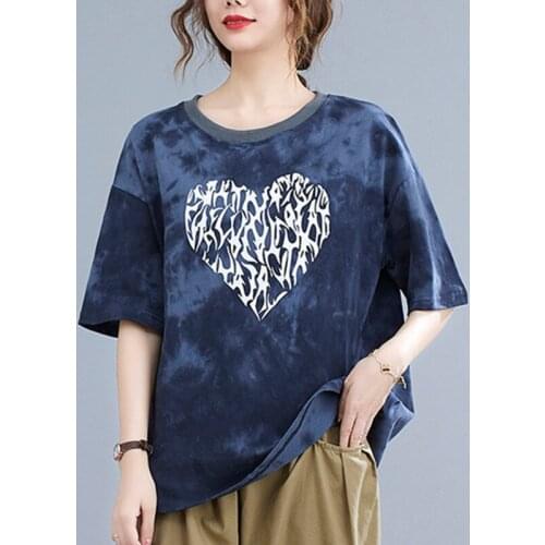 Tie Dye Print Love heart Fashion Women T Shirts Loose Tops Korea Style Sweet Girls Cotton Summer T Shirts Casual Tees T-shirt