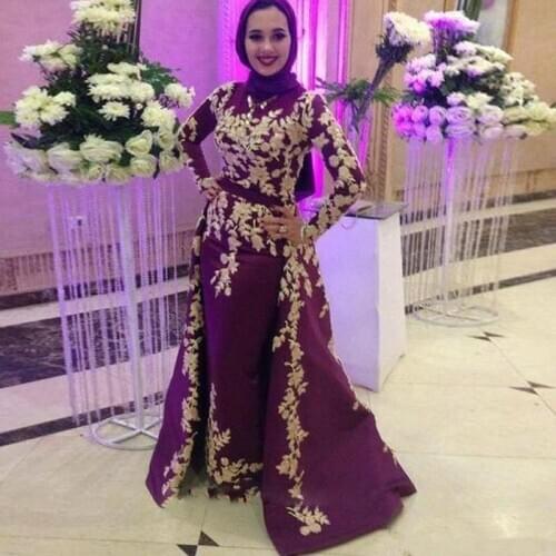Dubai Muslim Evening Dresses Mermaid High Collar Long Sleeves Appliques Lace Scarf Saudi Arabia Long Prom Dress Gown