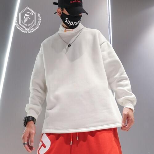 Men Fashion Loose Solid Fleece Heavyweight Casual Pullover Hip Hop Sweatshirts