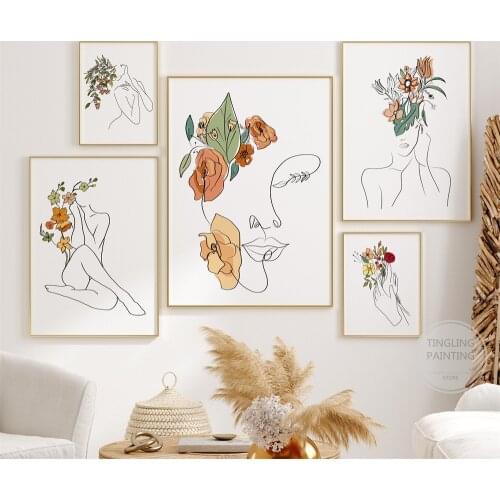 Gallery Wall Prints, Woman Line Drawing Wall Art Poster, Flower Head Art Living Room Bedroom Lounge Home Decor Canvas Painting