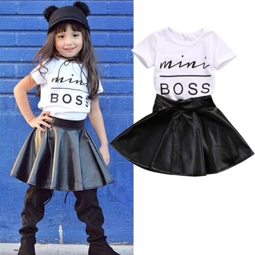 New Fashion Toddler Girls Outfits Clothes Casual T-shirt Tops+PU Leather Skirts Set