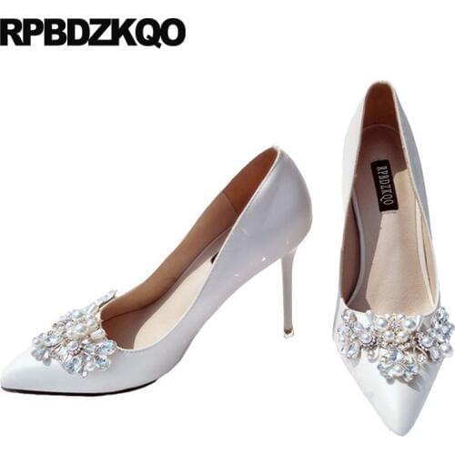 Pointed Toe Crystal Women Scarpin White Shoes High Heels Bridal Silver Rhinestone Diamond Pumps 2019 Satin 3 Inch Chic Pearl