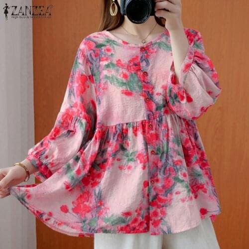 Casual Long Sleeve Tunic Tops Ladies ZANZEA Floral Printed Women Blouses 2021 Summer O-Neck Tops Loose Retro Blusas Femme S
