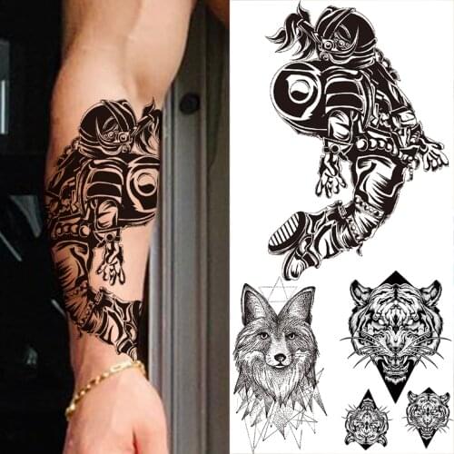 Realistic Astronaut Outer Space Man Arm Temporary Tattoos For Men Adult Wolf Tiger Fake Temporary Tattoo Sticker Tatoos