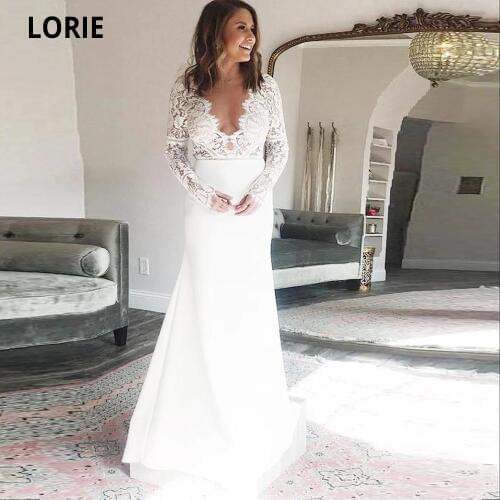 LORIE Long Sleeve Lace Wedding Dresses Mermaid Sheath Soft Satin Bridal Gowns V-neck Open Back Elegant Bride Dresses Custom Made
