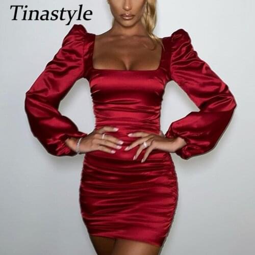 Tinastyle Puff Sleeve Satin Dress Women Sexy Strapless Ruched Pleated Bodycon Party Dress Casual Backless Short Dress Vestidos