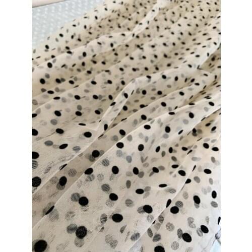 Ivory Cream Tulle Lace Fabric With Black Velvet Polka Dots