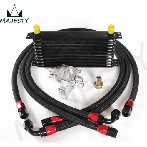 UNIVERSAL 10 ROW ENGINE OIL COOLER + FILTER RELOCATION KIT + SS LINES SILVER