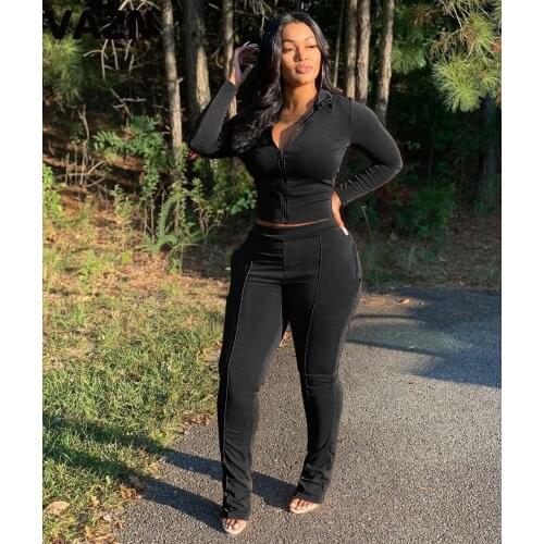 VAZN 2020 Top Quality Black Sexy Daily Young Free Simple Solid Fashion Full Sleeve Long Pants Skinny Women 2 Piece Set