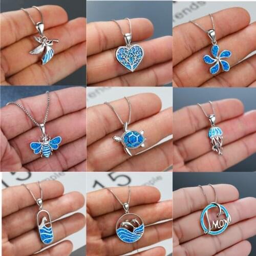 Vintage Female Blue Opal Pendant Necklace Charm Silver Color Chain Necklaces For Women Luxury Bride Geometry Wedding Necklace