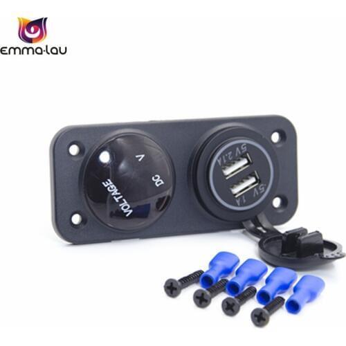 Waterproof 12V 24V Car LED Digital Voltmeter + Dual USB Outlet Power Socket 2.1A/1A Charger Panel For Car Boat Rv Truck (Red)