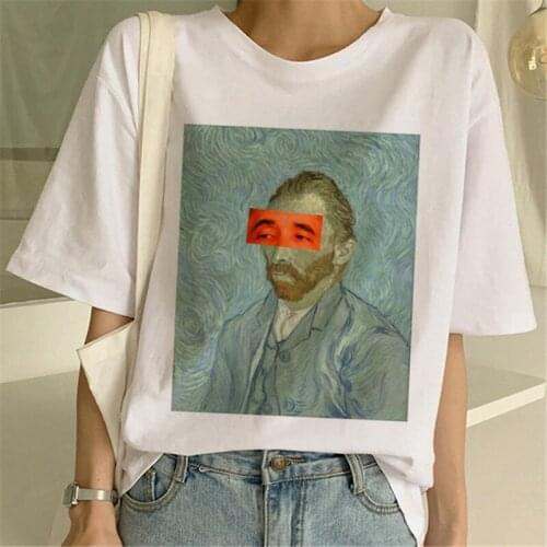 New Summer T-shirt Women Harajuku Vintage Funny Van Gogh Art Oil Painting Lattice Print Jiugongge T Shirt Ulzzang Female T-shirt