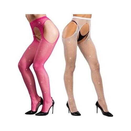 High Waist Tights Women Bling Pantyhose Erotic Lady Nylon Rhinestone Open Crotch Fishnet Designer Stockings Night Party Clubwear