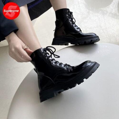 Superone Size 33-43 Real Leather Ankle Boots For Women Round Toe Cross Strap Solid Color Outdoor Fashion Ladies Footwear