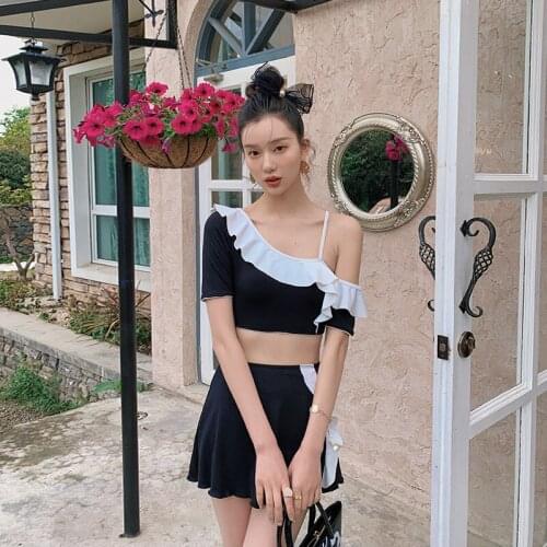 Womens Swimsuit Swimwear Swimming Suit Bikini Girl Push-Up Separate Split Female Korea Ins High Waist Polyester Print