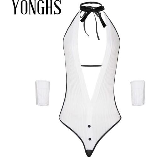 Lingerie Erotic Underwear Bodysuit for Womens Halter Lace-up Striped Backless Bodysuit Underwear with Cuff Adjustable Neck Ring