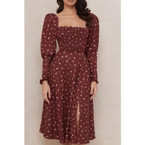 Wsevypo Women Autumn Floral Dress Vintage Square Collar Long Puff Sleeve Slit Midi Wrap Dress Party Elegant Fashion A-Line Dress