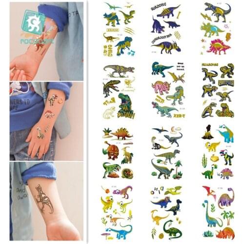 12pcs/Sets Cartoon Metal Dinosaur Temporary Kid Tattoo Funny Animal Fossil Flash Fake Taty For Boys Girl Tattoo Sticker