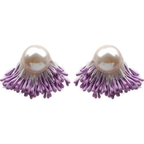 8Seasons Fashion Stud Earrings Limited Pearl Beads Cotton Thread Purple Pink Beige Flower Style Romantic Earrings,1 Pair