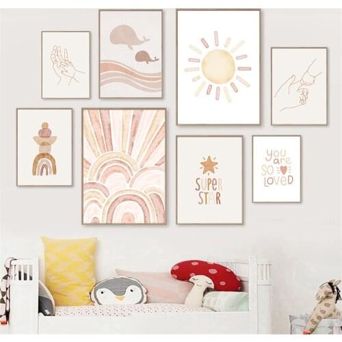 Abstract Sun Rainbow Canvas Poster Mom Baby Hand Painting Boho Nursery Wall Art Print Star Whale Wall Pictures Kids Room Decor