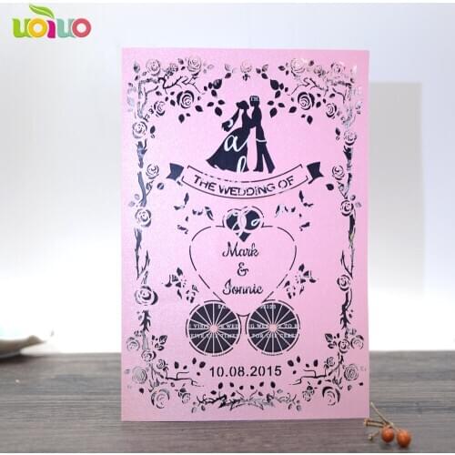 Free shipping 50set inc122 couple card free logo Fairy carriage Birthday Laser invitation card with envelope,insert and seal