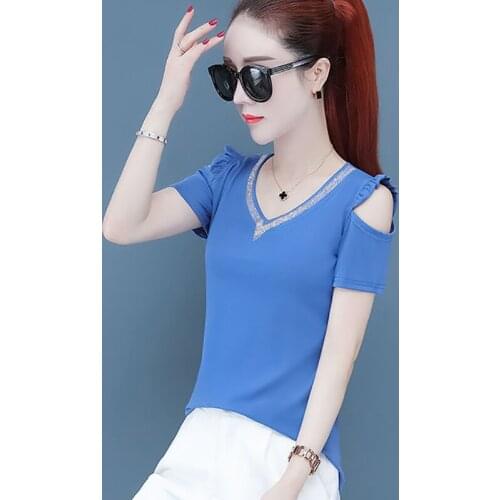 Off Shoulder Women Spring Summer Style Blouses Shirt Lady Casual Short Sleeve V-Neck Slim Blusas Tops ZZ0315