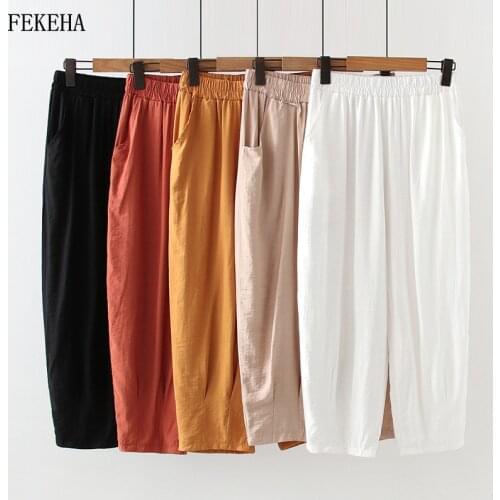Casual Style Cotton Linen Pants Women 2021 Summer New Elastic Waist Solid Basic Retro Loose Womens Harem Pants Trousers