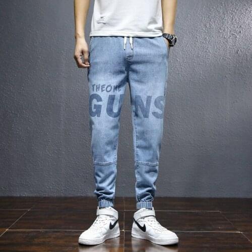 Men Fashion Baggy Street Jeans Casual Harem Pants Letter Print Light Blue Hip Hop Oversized Tie Feet Streetwear Denim Pants 2021