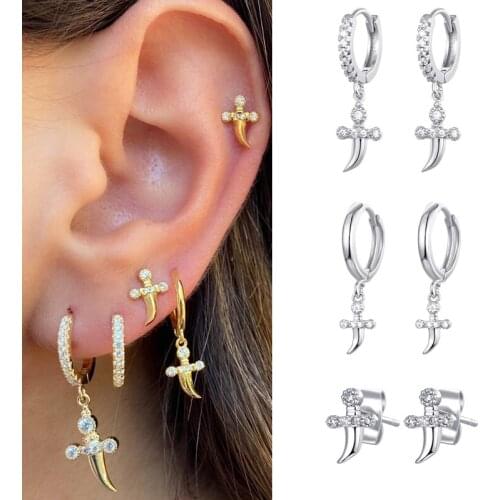 ISUEVA Unisex Vintage Hip Hop Dagger Earrings 18K Gold Filled Cubic Zircon Dangle Earrings For Men Women Jewelry Free Shipping