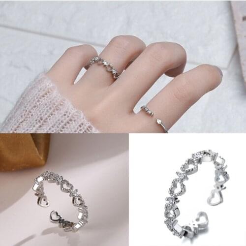 KISSLOVE Hollow Love Heart-shaped Opening Rings Exquisite CZ Zircon Finger Ring Fashion Jewelry For Women Girls Gift
